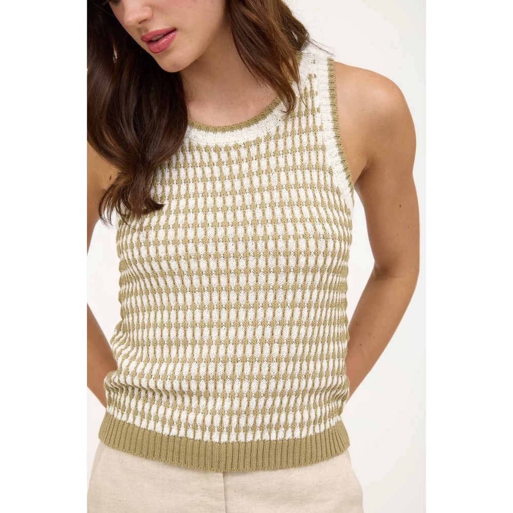 Blu Pepper Womens Olive Green Cream Textured Knit Sweater Tank Top TW1647 Small